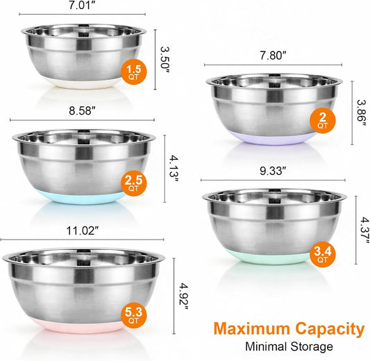 5PCS Stainless Steel Mixing Bowls Set With Non-Slip Silicone Base