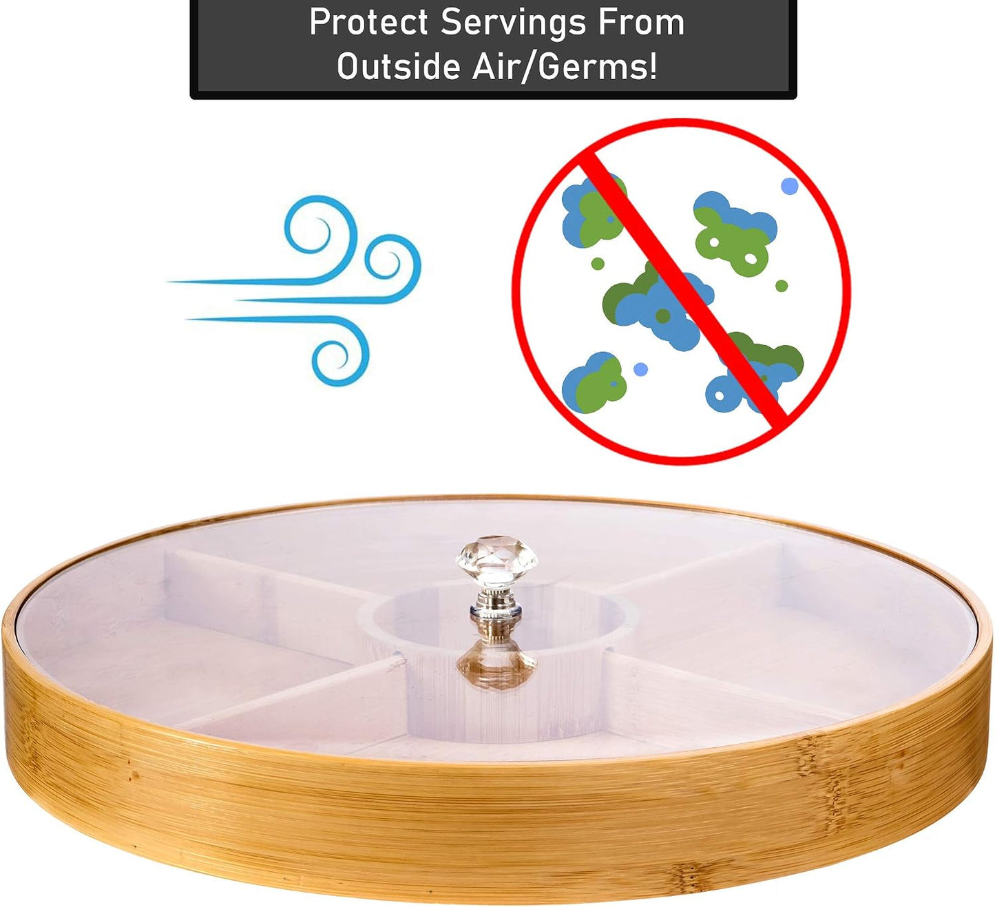 Divided Serving Tray - Bamboo with Acrylic Glass Lid - Appetizer Party Platter - Perfect for Serving Dishes, Serving Platters, Chip and Dip Tray, Veggie Tray, Or Taco Toppings Serving Tray Circle 12"