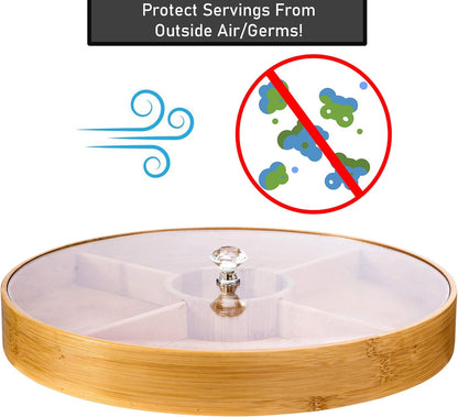 Divided Serving Tray - Bamboo with Acrylic Glass Lid - Appetizer Party Platter - Perfect for Serving Dishes, Serving Platters, Chip and Dip Tray, Veggie Tray, Or Taco Toppings Serving Tray Circle 12"