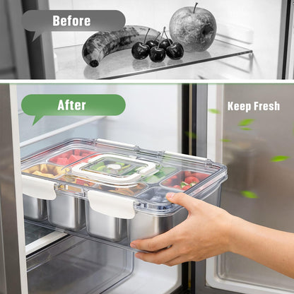 Snackle Box Container, 304 Stainless Steel Divided Serving Tray with Lid and Handle, Portable 8 Compartments Veggie Tray for Fruits,Veggies,Nuts &Candy, Dishwasher Safe for Travel,Picnic,Beach&Parties