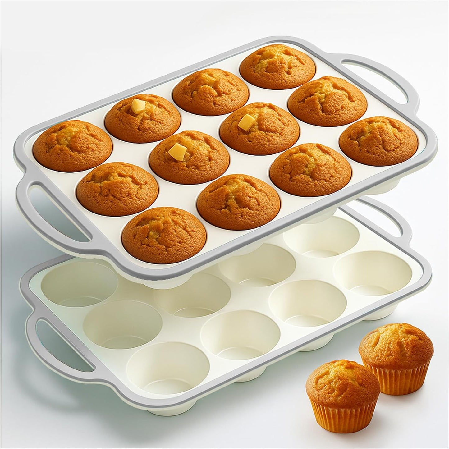 Silicone Muffin Pans for Baking 2 Pack, 2.6 Inch with Metal Reinforced Frame, Regular Size Nonstick Cupcake Pan 12 Cups for Baking Homemade Muffins, Dishwasher Safe BPA Free-Blue