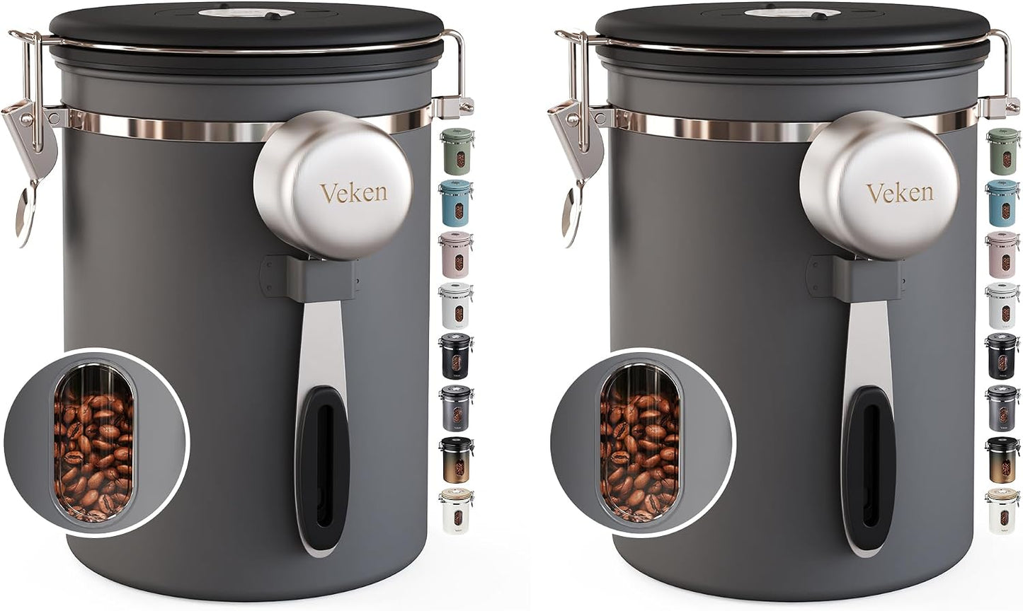 Veken Coffee Canister with Window, Family Choice Awards Winner, Airtight Stainless Steel Home Kitchen Food Storage Container with Lids for Grounds, Beans, Tea, Flour,Cereal,Sugar Jars,Scoop,16OZ,Black