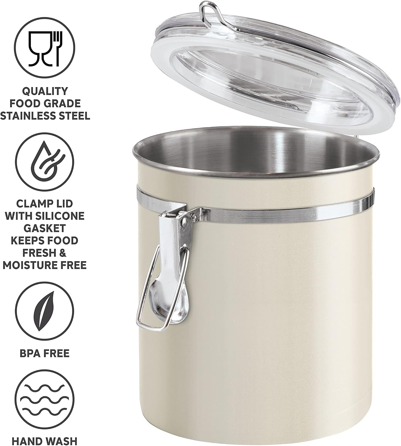 Oggi Stainless Steel Kitchen Canister 62 fl oz - Airtight Clamp Lid, Clear See-Thru Top - Ideal for Kitchen Storage, Food Storage, Pantry Storage. Large Size 5" x 7.5".