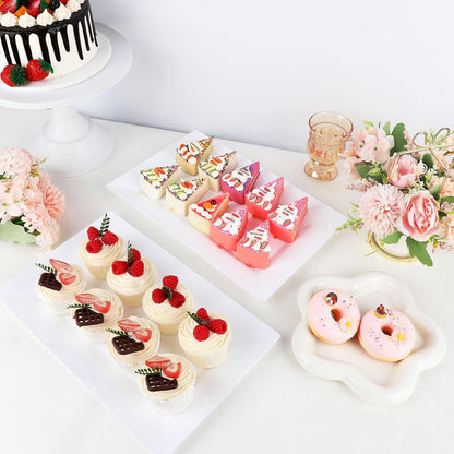 Mwellewm 12 Pcs White Plastic Serving Trays with Gold Rim, 14''x9'' Rectangle Dessert Trays for Dessert Table, Disposable Platters Cookie Cupcake Gold Serving Tray for Birthday Party Wedding