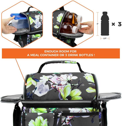 opux Insulated Lunch Bag Women Men, Dual Compartment Leakproof Lunch Box Adults Kids, Double Decker Meal Prep Bento Lunch Cooler Tote with Shoulder Strap for Work Office School Travel, Floral Purple