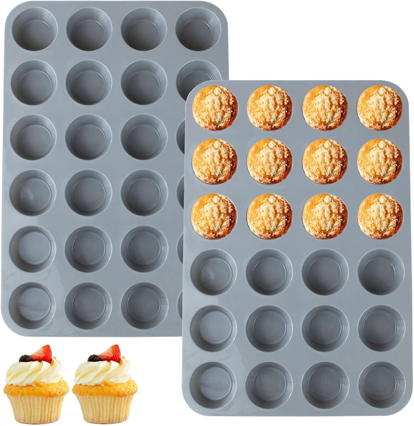 24 Cups Silicone Mini Muffin Pan Set, Nonstick Mini Cupcake Pans, BPA Free Small Muffin Tin for Baking, Set of 2 (Green+Purple)