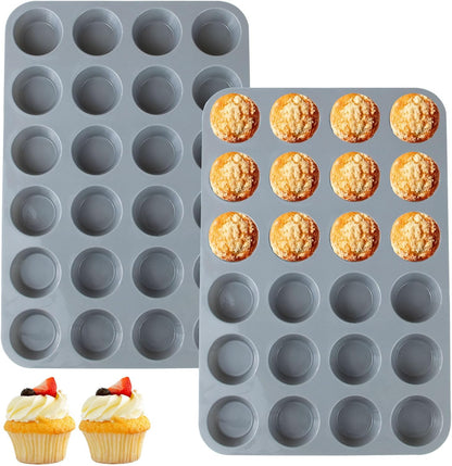 24 Cups Silicone Mini Muffin Pan Set, Nonstick Mini Cupcake Pans, BPA Free Small Muffin Tin for Baking, Set of 2 (Green+Purple)