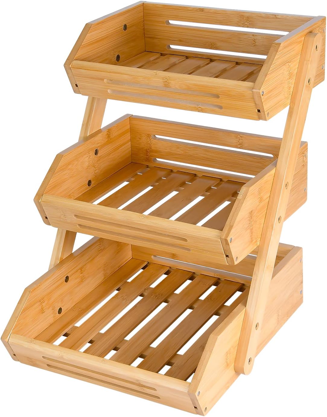 VIKEYHOME Fruit Basket, 2 Tier Bamboo Fruit Basket for Kitchen, 11" Tall Fruit Stand Storage Holder, Heavy Duty/Large Capacity for Vegetables, Fruit, and Snack, 15 mm Thickness (Self-assembly)