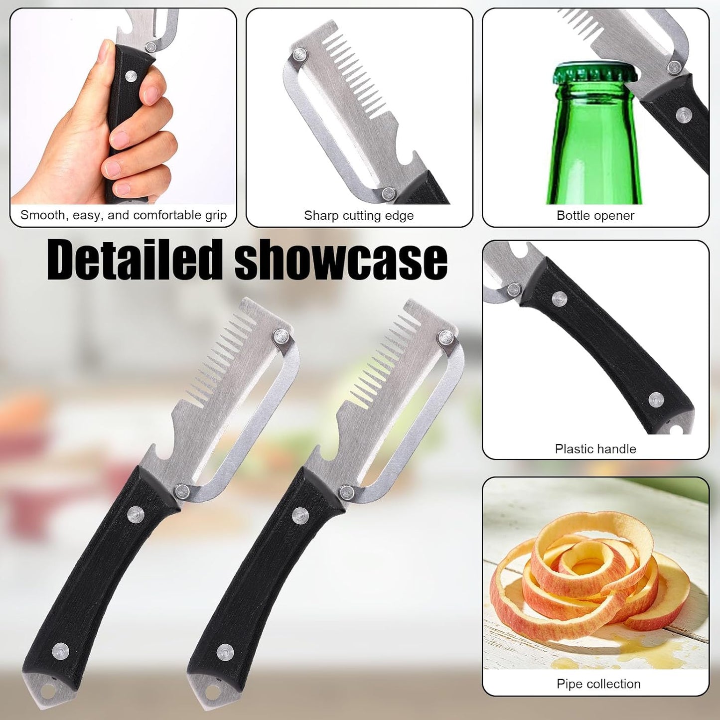 2pcs Multifunctional Vegetable Peeler, 3-in-1 Stainless Steel Fruit Peeler with Bottle Opener & Julienne Cutter Multi Functional Kitchen Gadget Knife Peeling Tool for Food Potato Apple Veggie Carrot