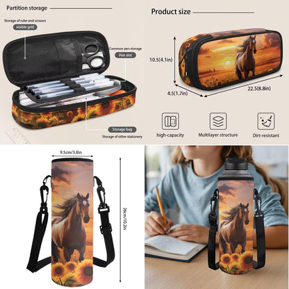 Highland Cow Backpack with Lunch Box Set for Kids Sunflower School Backpack for Girls Boys Back to School Bag Student Travel Backpacks Reusable Utensils Pen Case Water Bottle Bag 5PCS