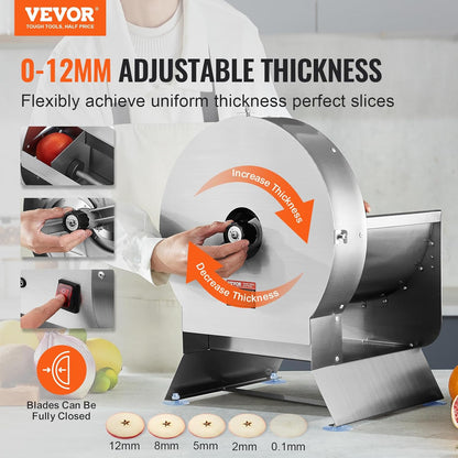 VEVOR Manual Vegetable Fruit Slicer, 0-0.5"/0-12mm Thickness Adjustable Commercial Slicer Machine, Stainless Steel Food Cutter Slicing Machine with 2 Spare Blades, for Potato, Cucumber, Lemon, Tomato