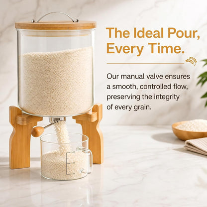 Goaste Glass Rice Dispenser with Bamboo Stand, 5L Flour Cereal Container with Airtight Lid, 8 Lbs Large Grain Food Storage Bucket, Countertop Beans Storage Tank with Measuring Cup & Valve for Dry Food
