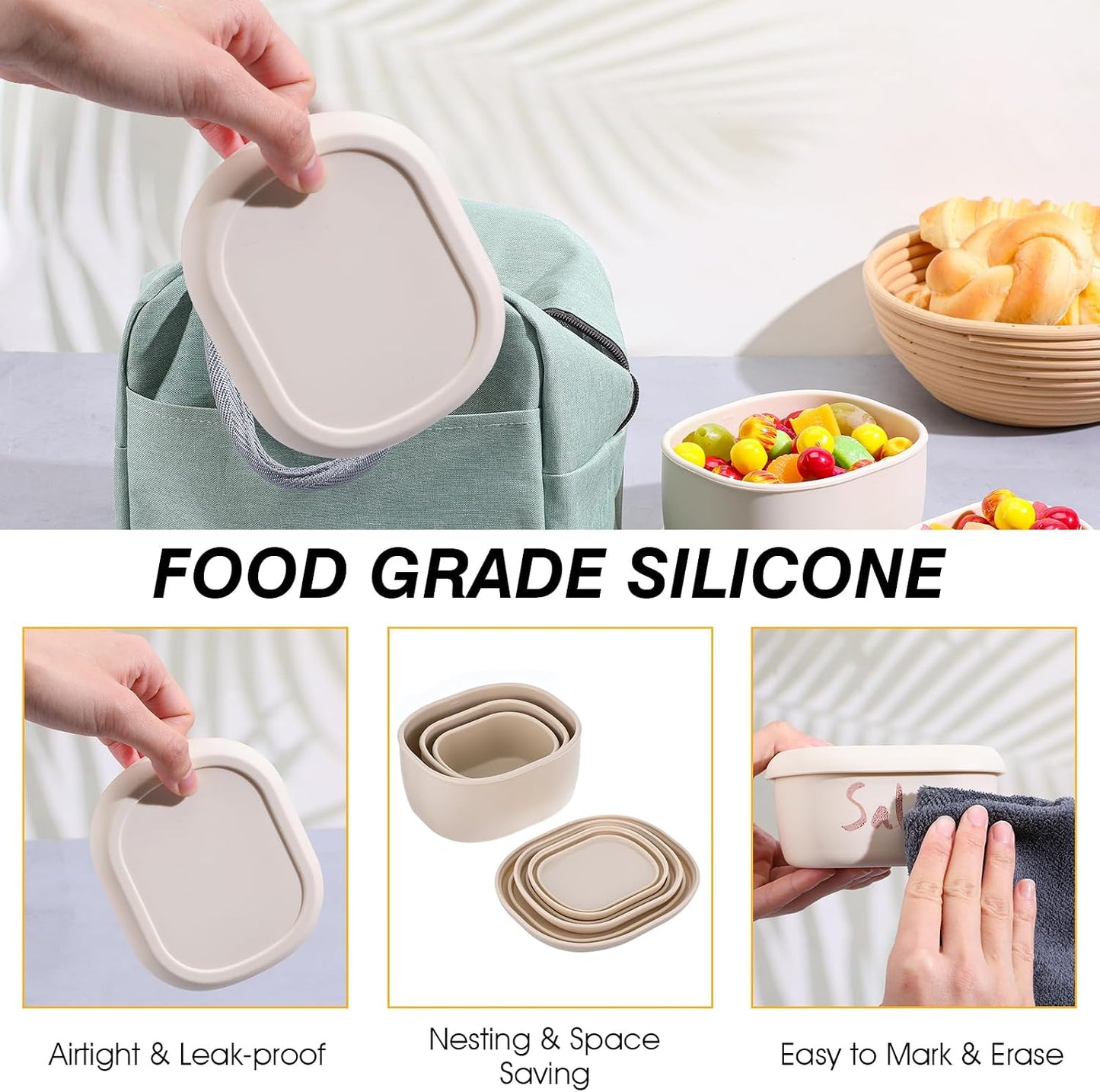 Set of 3 Silicone Food Storage Containers, Nesting Silicone Food Containers With Lids, Reusable Lunch Box Bento, Dishwasher Microwave Oven Freezer Safe(6.7 Oz, 10 Oz, 20 Oz), Milky White