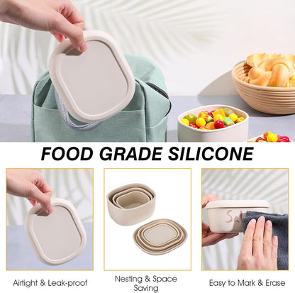 Set of 3 Silicone Food Storage Containers, Nesting Silicone Food Containers With Lids, Reusable Lunch Box Bento, Dishwasher Microwave Oven Freezer Safe(6.7 Oz, 10 Oz, 20 Oz), Milky White
