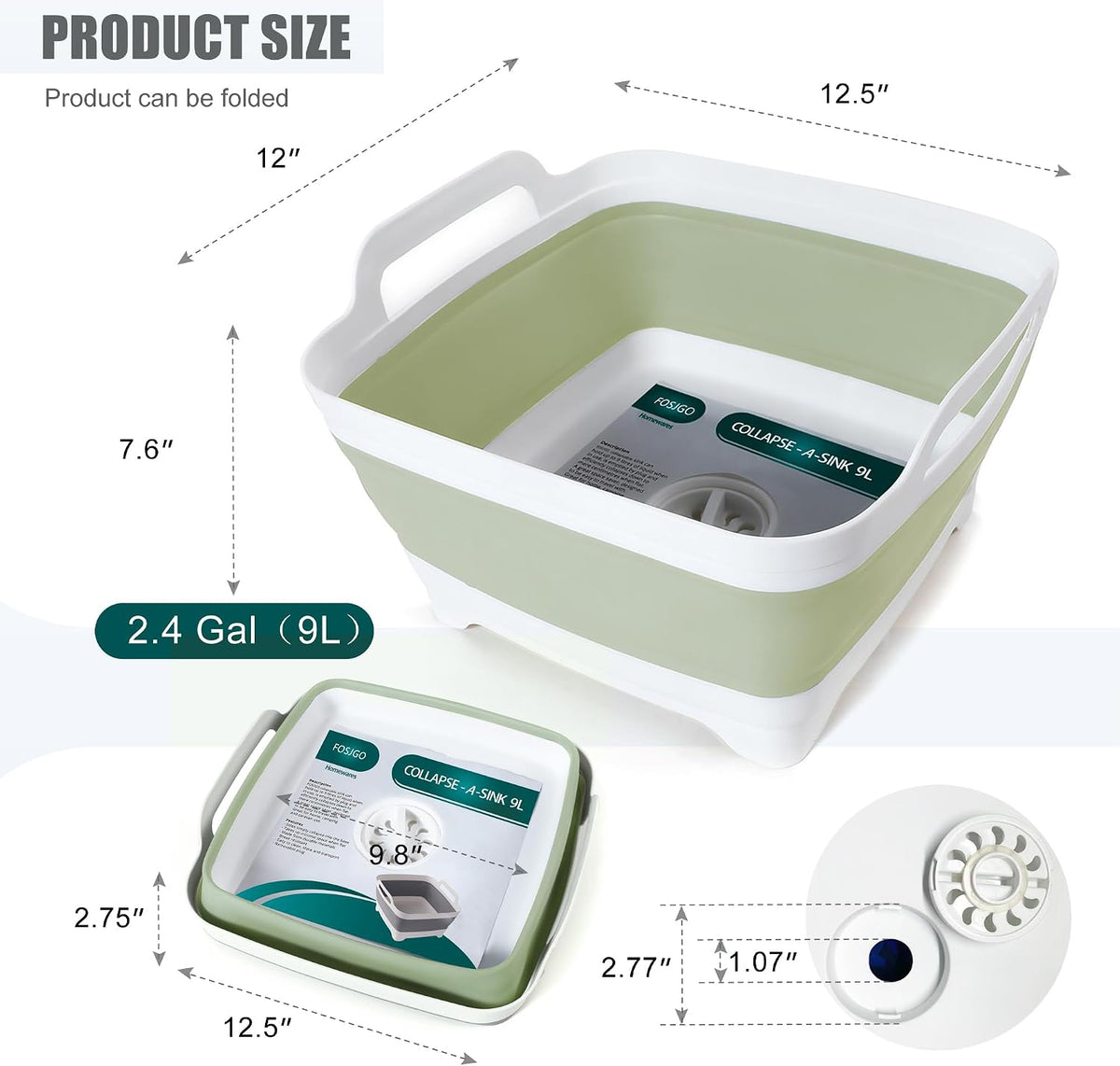 FOSJGO Collapsible Dish Basin with Drain Plug, Foldable Sink, 2.4 Gal (9L)