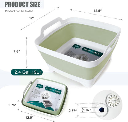 FOSJGO Collapsible Dish Basin with Drain Plug, Foldable Sink, 2.4 Gal (9L)