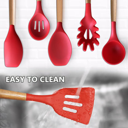 Kitchen Cooking Utensils Set, 6Pcs Silicone Kitchen Utensils Set Spatula Spoon Soup Ladle Turner, Heat Resistant Wooden Handle Silicone Cooking Gadgets for Nonstick Cookware & Baking BPA FREE