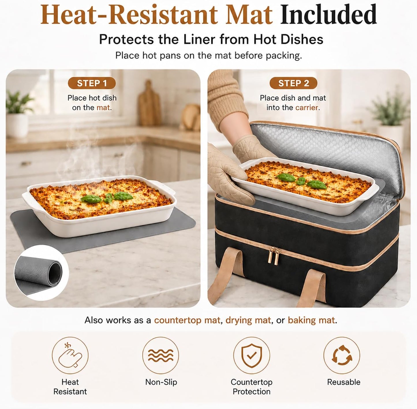 Joyfol Day Double-Decker Insulated Casserole Carrier - Casserole Dish Carrier Hot/Cold Food Tote for Potlucks, Fits 9x13 & 11x15 Pans (Handle-Free) with Heatproof Mat, Black
