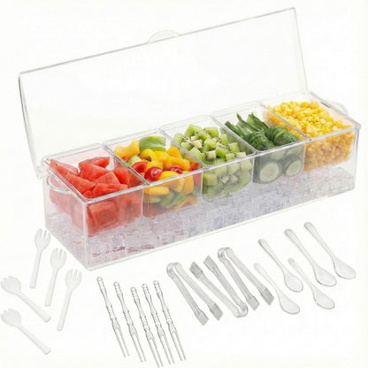 Ice Chilled Condiment Server with Lids – Includes 19 Serving Accessories (Tongs, Spoons, Forks) – 5 Compartment Fruit & Veggie Tray for Parties, Taco Bar, Picnics & Outdoor Entertaining