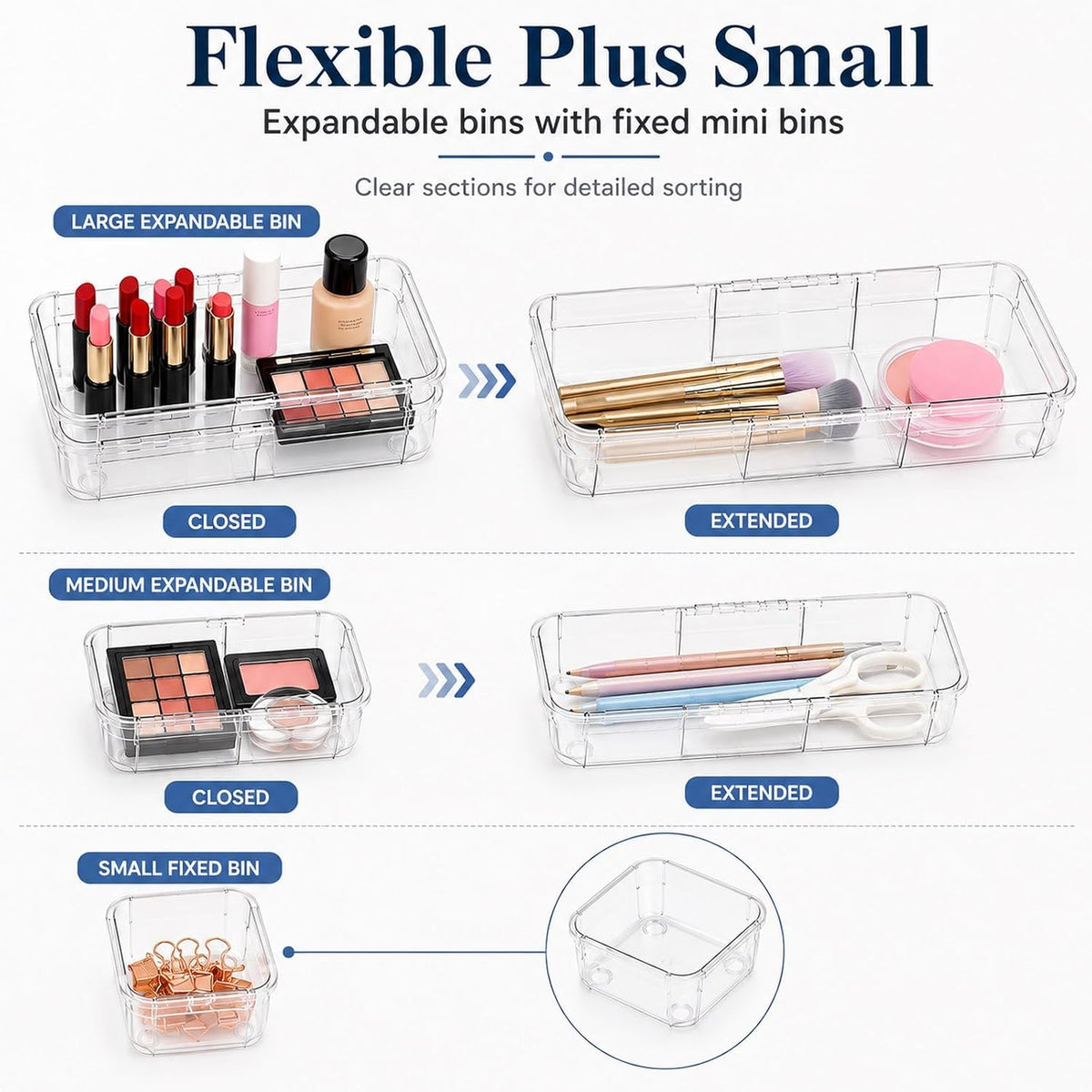15-Piece Expandable Drawer Organizer Set, Clear 2-Size Bins | 15-piece set, clear expandable bins, 2 sizes, for makeup, vanity, desk and kitchen drawers