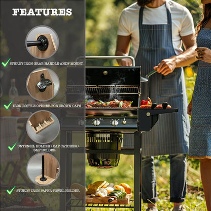 Wooden Grill Caddy Organizer - Versatile BBQ Caddy for Outdoor grill - Portable rustic wood condiment and paper towel holder with bottle opener for picnic and grilling