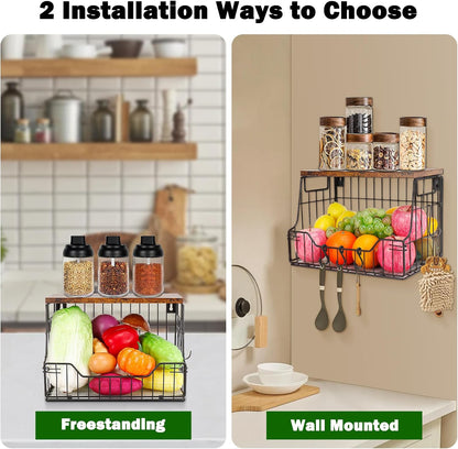 Livabber Fruit Basket for Kitchen, Metal Fruit Vegetable Storage Bin with 2 Banana Hangers, Countertop Wire Basket Organizer for Snack Potato Onion, Screw Mounted or Stand (Black, 1 Pack)