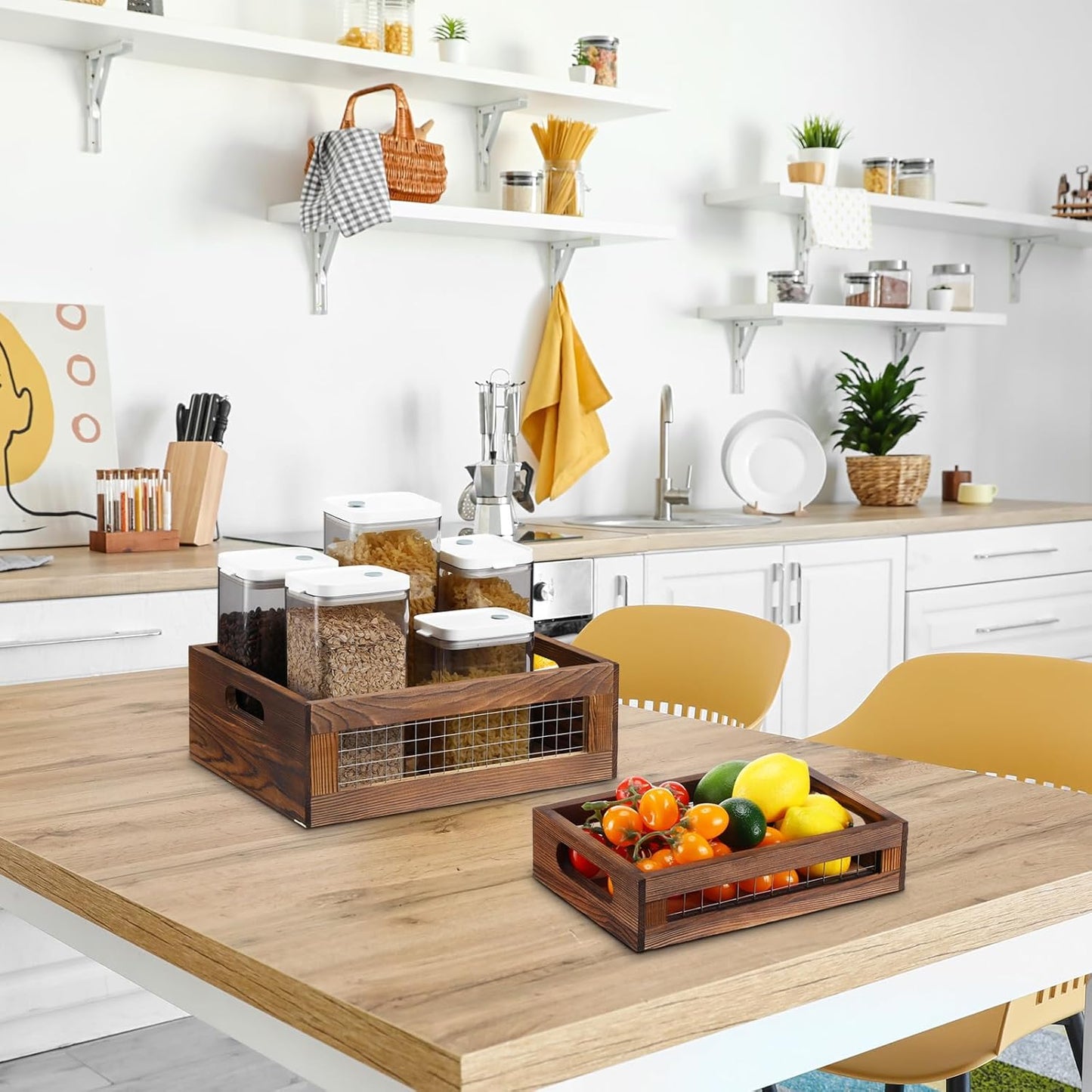 FillTouch 4 Pcs Wooden Nesting Countertop Baskets 4 Size Wooden Storage Box with Handle and Metal Wire Multipurpose Wood Organizer Crate for Fruit Vegetable Kitchen Cabinet Bathroom(Dark Brown,Small)