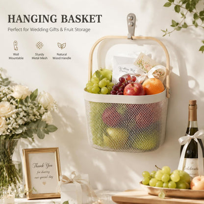 Maxdot 4 Pack Metal Mesh Basket with Wooden Handle White Square Wire Storage Organizer Basket Multi-functional Hanging for Kitchen Pantry Shelves Bathroom Counter Organizer