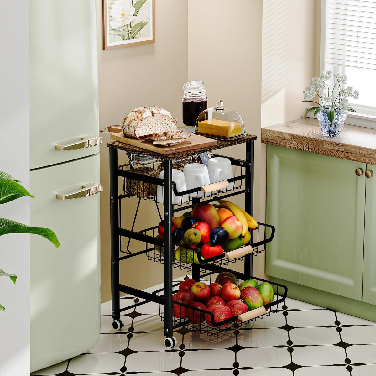 JAQ Slide Out Fruit Vegetable Basket for Kitchen, 4-Tier Rolling Storage Cart with Wooden Handle & Top, Metal Wire Produce Rack for Pantry Organization, Onion Potato Storage Bins for Small Space,White