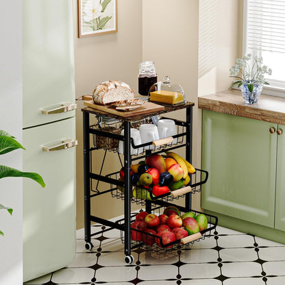 JAQ Slide Out Fruit Vegetable Basket for Kitchen, 4-Tier Rolling Storage Cart with Wooden Handle & Top, Metal Wire Produce Rack for Pantry Organization, Onion Potato Storage Bins for Small Space,White