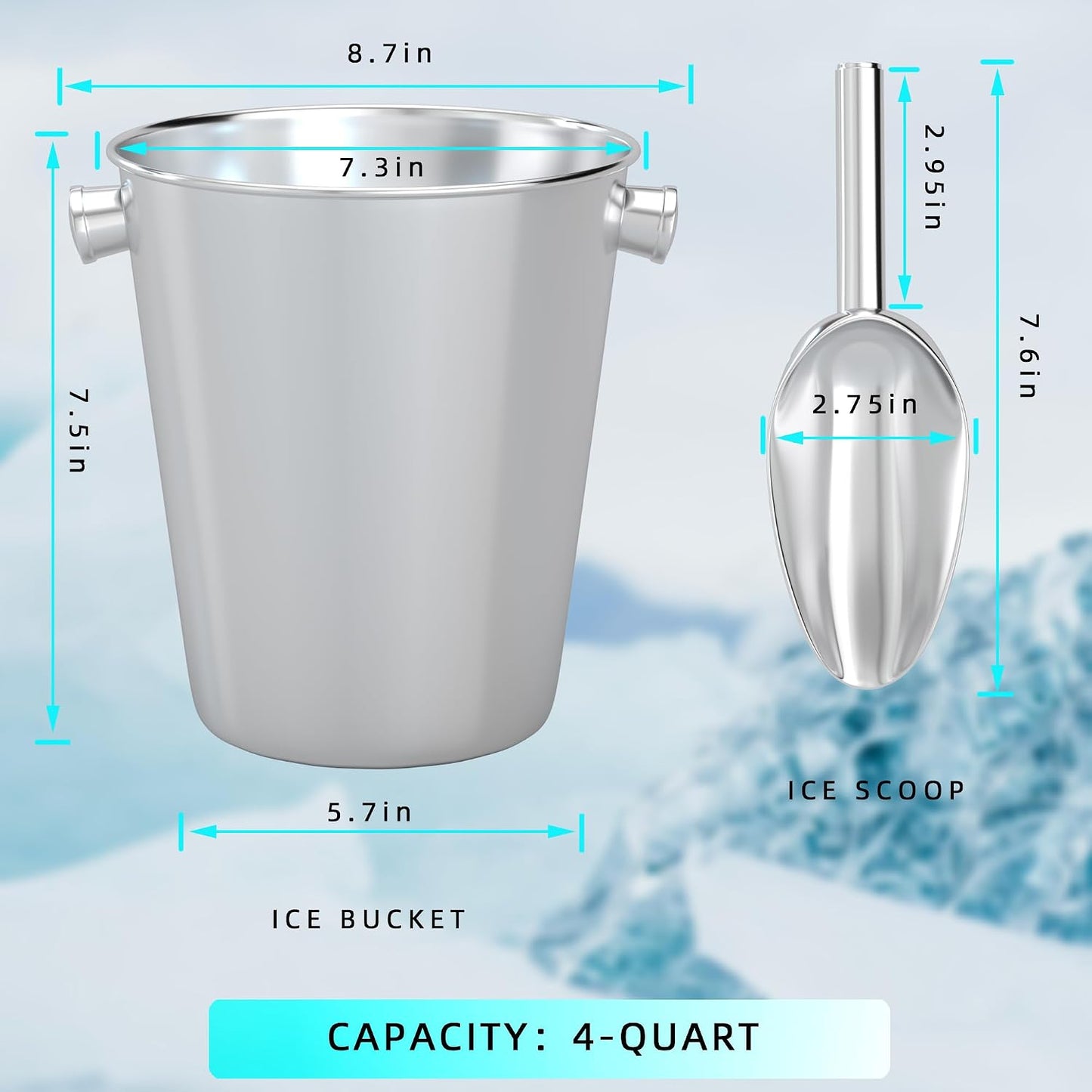 Champagne Bucket With Ice Scoop,Stainless Steel Wine Bucket For Bar,large Ice Buckets For Parties, Wine Chiller With Handles 4 Quart