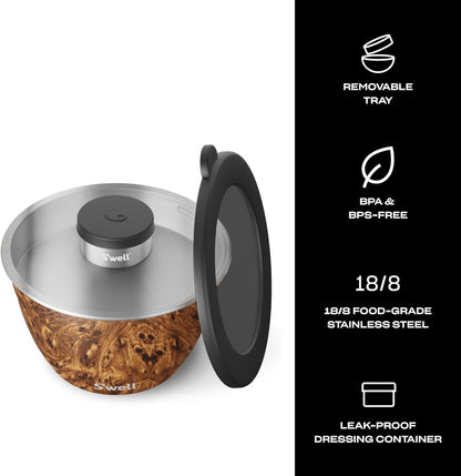 S'well Stainless Steel Salad Bowl Kit 64oz, Peacock Blue, Comes with 2oz Mini Canister and Removable Tray for Organization, Leakproof, Easy to Clean, Dishwasher Safe