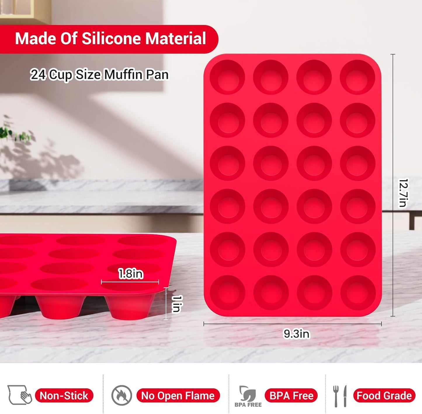 Redfly 2 Pack Silicone Muffin Pans for Baking & Cupcake Pan - 12 Cup Regular Size Silicone Molds, BPA Free Egg Bites Mold