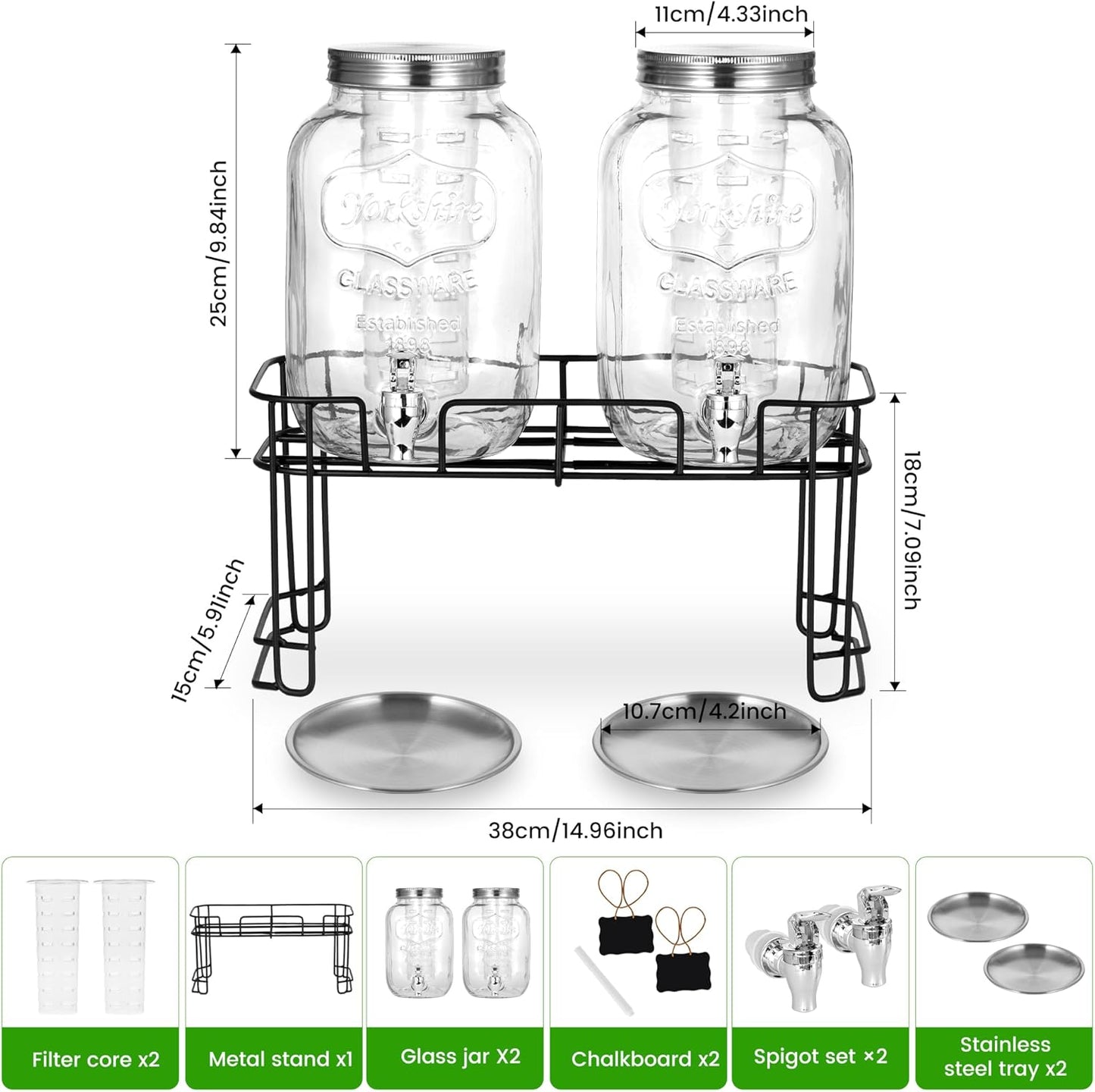 2 Pack1 Gallon Glass Drink Dispensers For Parties .Beverage Dispenser,Glass Drink Dispenser With Stand And Spigot (Plastic Spigot)