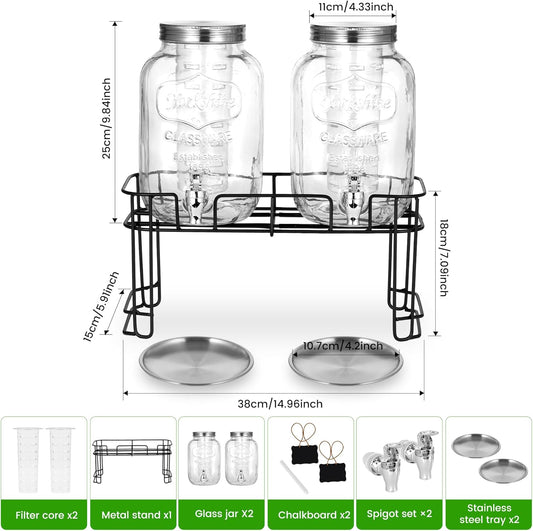 2 Pack1 Gallon Glass Drink Dispensers For Parties .Beverage Dispenser,Glass Drink Dispenser With Stand And Spigot (Plastic Spigot)