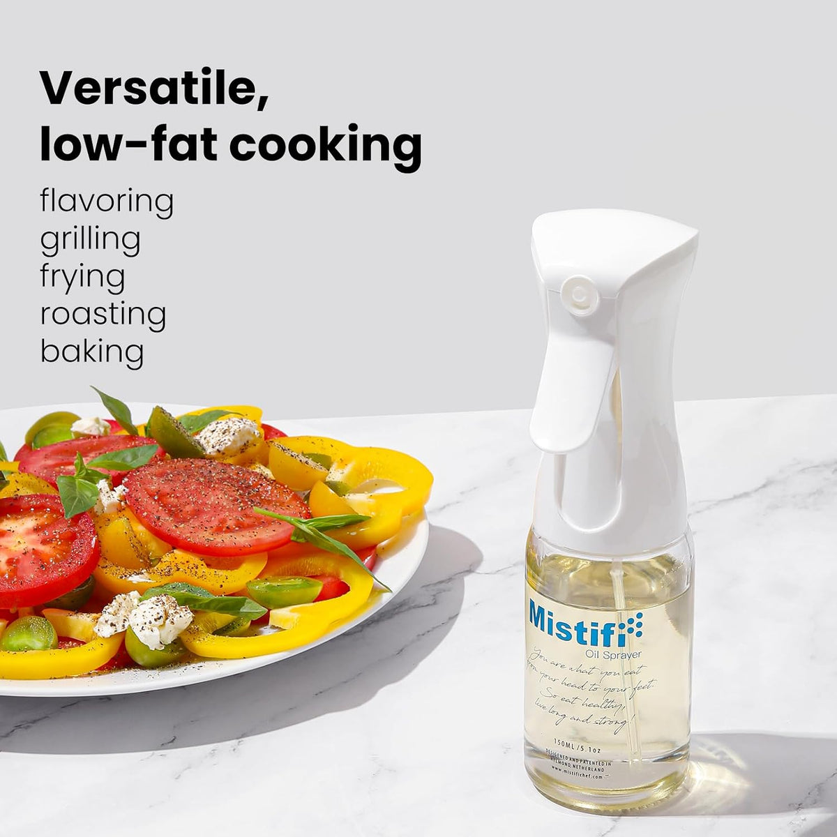 Mistifi Oil Sprayer 150ml glass bottle. Upgraded Version.Fine Mist Spray Bottle for Air Fryer, Olive Oil, Avocado Oil, Healthy Nonstick Frying, Commercial & Home Kitchen Use (PS635)