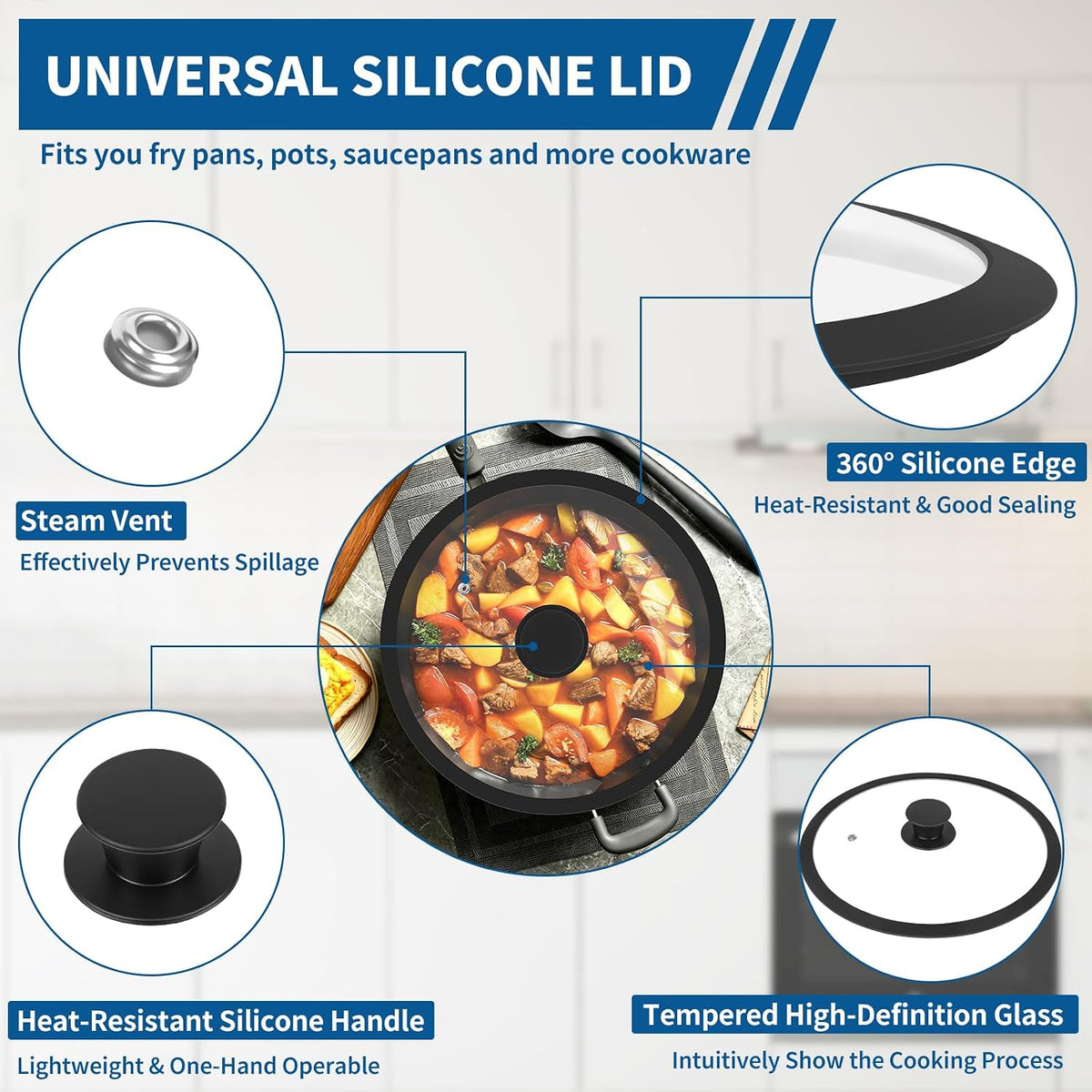 Pan Lid 10 Inch - Tempered Glass Pot Lid - Replacement Pan Cover for Cast Iron Skillets, Frying Pans, Pots and Wok, Heat Resistant Handle, Black