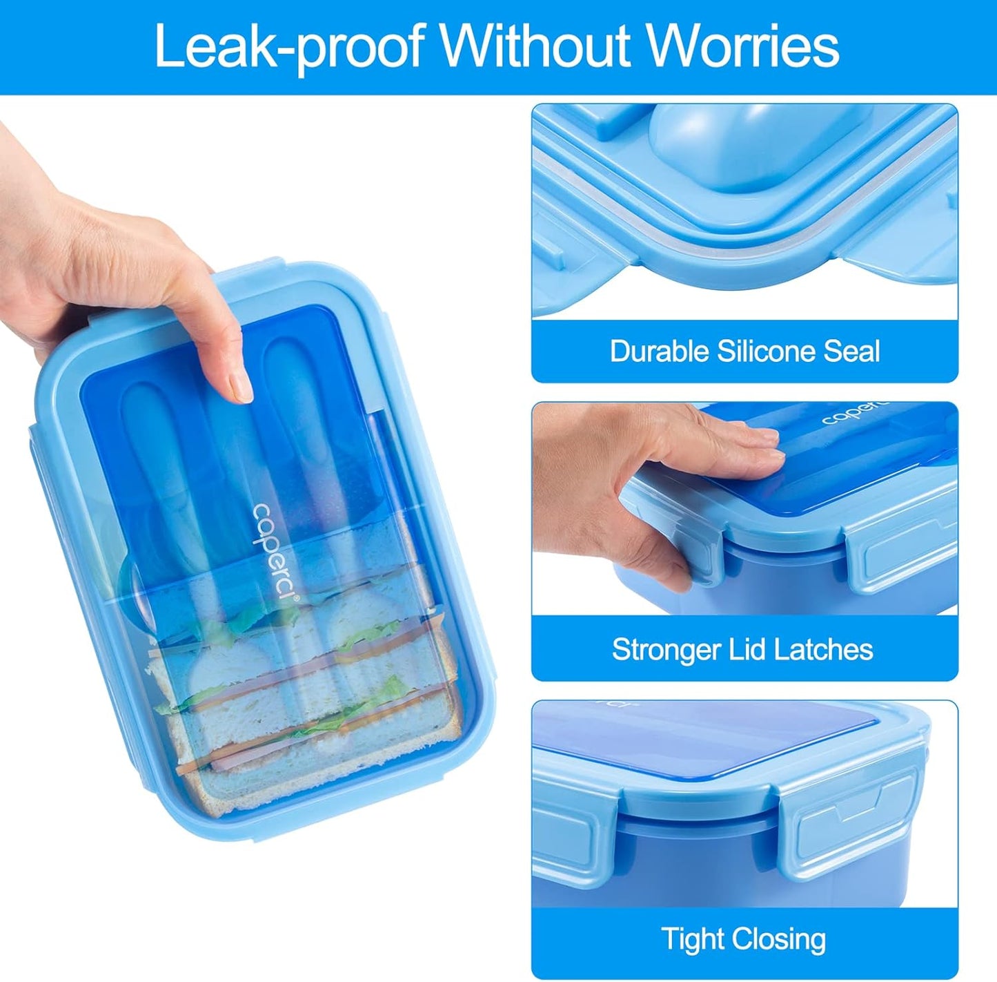 Caperci Classic Bento Box Adult Lunch Box for Older Kids - Leakpoof 47 oz 3-Compartment Lunch Containers for Adults and Teens, Built-in Utensil Set, Ideal for On-the-Go Balanced Eating,Khaki Green