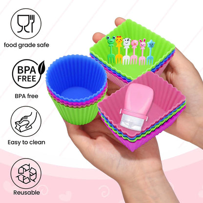 66 Pcs Bento Box Accessories Set with 1 oz Mini Condiment Squeeze Bottles, Silicone Lunch Box Dividers Cups and Animal Food Picks, Lunch Packing Supplies, Small Ketchup Bottle Containers for Meal Prep
