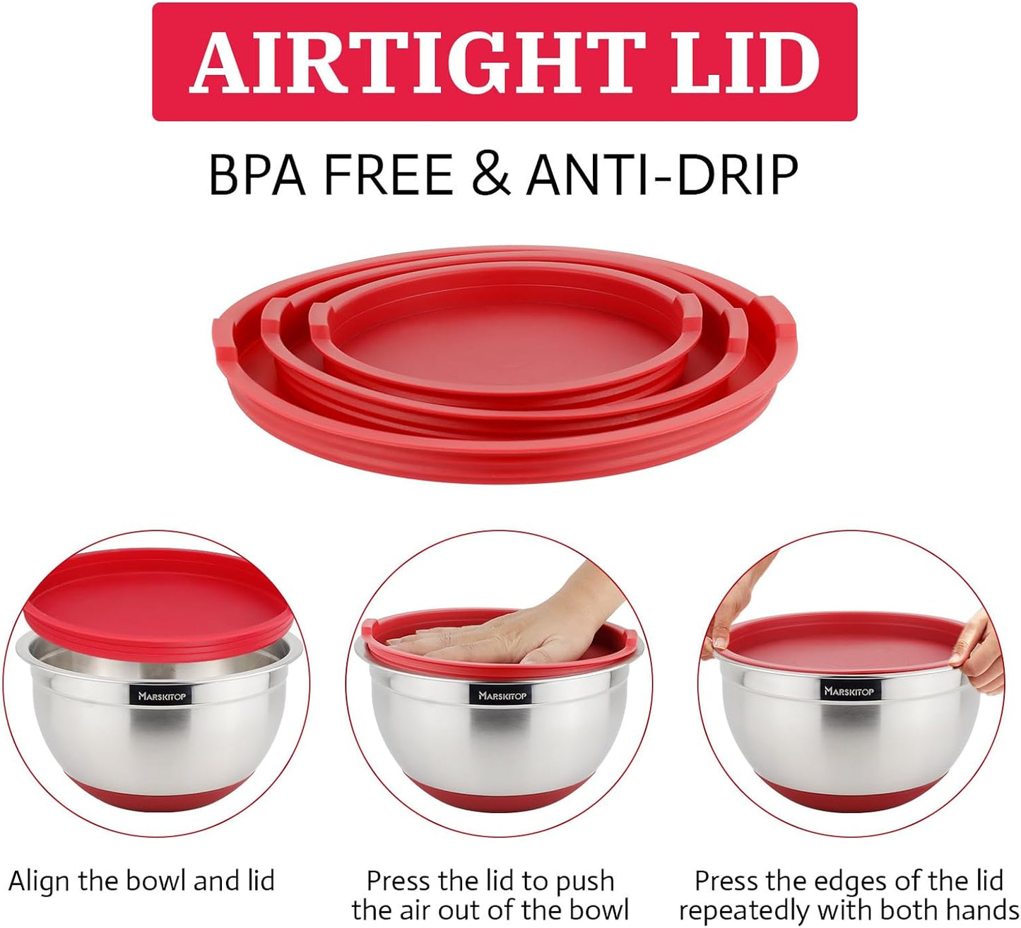 MARSKITOP Stainless Steel Mixing Bowls with Lids Set, Nesting Mixing Bowls with Airtight Lids, Measurement Marks and Red Non-Slip Bottoms, Great for Mixing and Serving, 3QT & 5QT