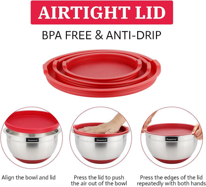 MARSKITOP Stainless Steel Mixing Bowls with Lids Set, Nesting Mixing Bowls with Airtight Lids, Measurement Marks and Red Non-Slip Bottoms, Great for Mixing and Serving, 3QT & 5QT