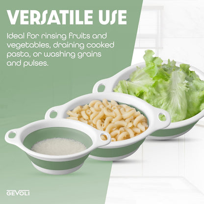 Gevoli 3-Pack Collapsible Colanders with Self-Draining Base, Over Sink-edge Silicone Food Strainers, Small/Med/Large Sizes, Nesting for Easy Compact Storage (3Qt, 4Qt, 5-Quart Set) Green/Gray