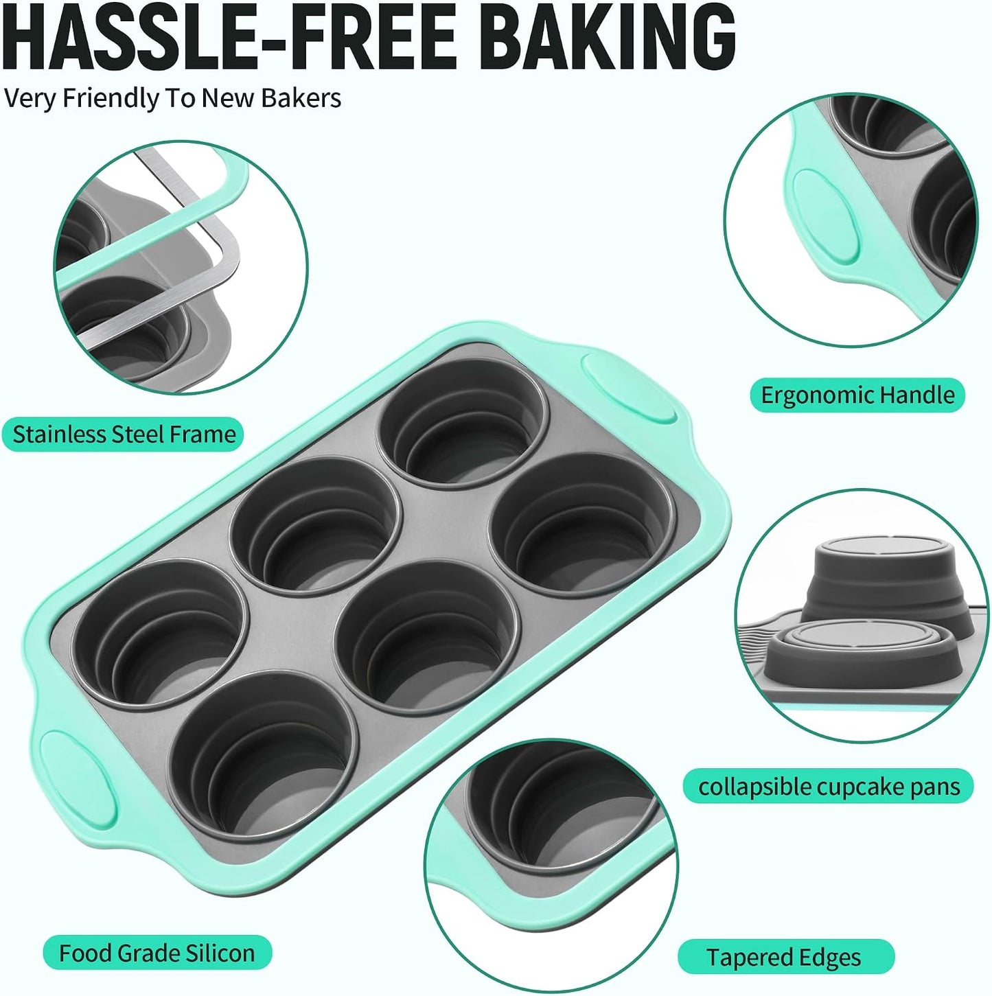 Muffin Pans for Baking 6 Cups, Silicone Foldable Muffin Pan with Metal Frame, Collapsible Cupcake Pan, Egg Bite Molds, Muffin Tin Tray for Baking Homemade Brownies Puddings (2)