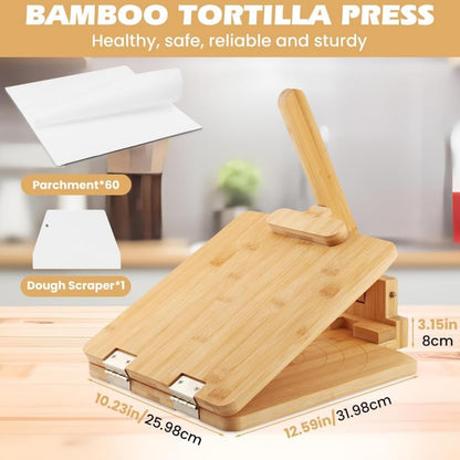 10 Inch Square Bamboo Tortilla Press Set with 60 Pc Parchment Paper, Heavy Duty Tortillera for Mexican Tacos, Roti, Burrito & Patacones