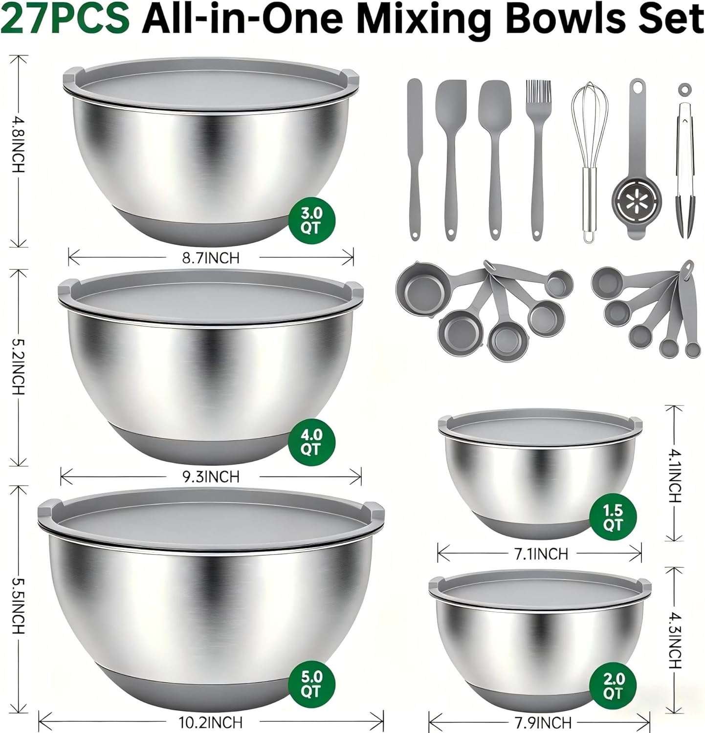 Deedro Premium Mixing Bowls with Airtight Lids Set, 22Pcs Thicker Stainless Steel Mixing Bowl Set, Large Prep Metal Bowls, Non-Slip Silicone Base Nesting Bowls for Kitchen, 1.5/2/3/4/5 QT, Black