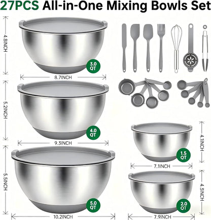 Deedro Premium Mixing Bowls with Airtight Lids Set, 22Pcs Thicker Stainless Steel Mixing Bowl Set, Large Prep Metal Bowls, Non-Slip Silicone Base Nesting Bowls for Kitchen, 1.5/2/3/4/5 QT, Black