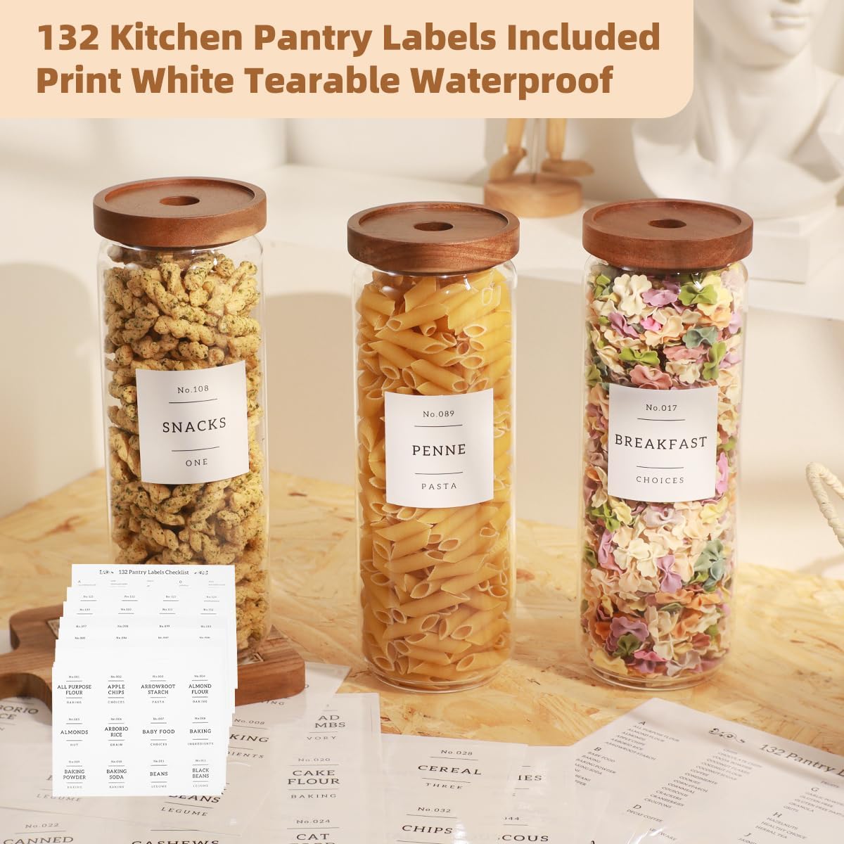 2 Pack Large Glass Flour and Sugar Storage Containers with Airtight Acacia Wood Lids and 132 Kitchen Pantey Labels Preprint - 1 Gallon Borosilicate Glass Canister Sets for Food,Pasta,Cookie,Rice