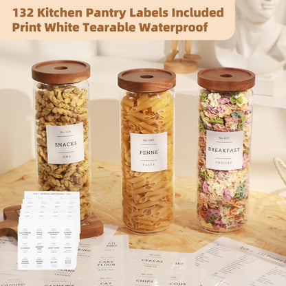 2 Pack Large Glass Flour and Sugar Storage Containers with Airtight Acacia Wood Lids and 132 Kitchen Pantey Labels Preprint - 1 Gallon Borosilicate Glass Canister Sets for Food,Pasta,Cookie,Rice