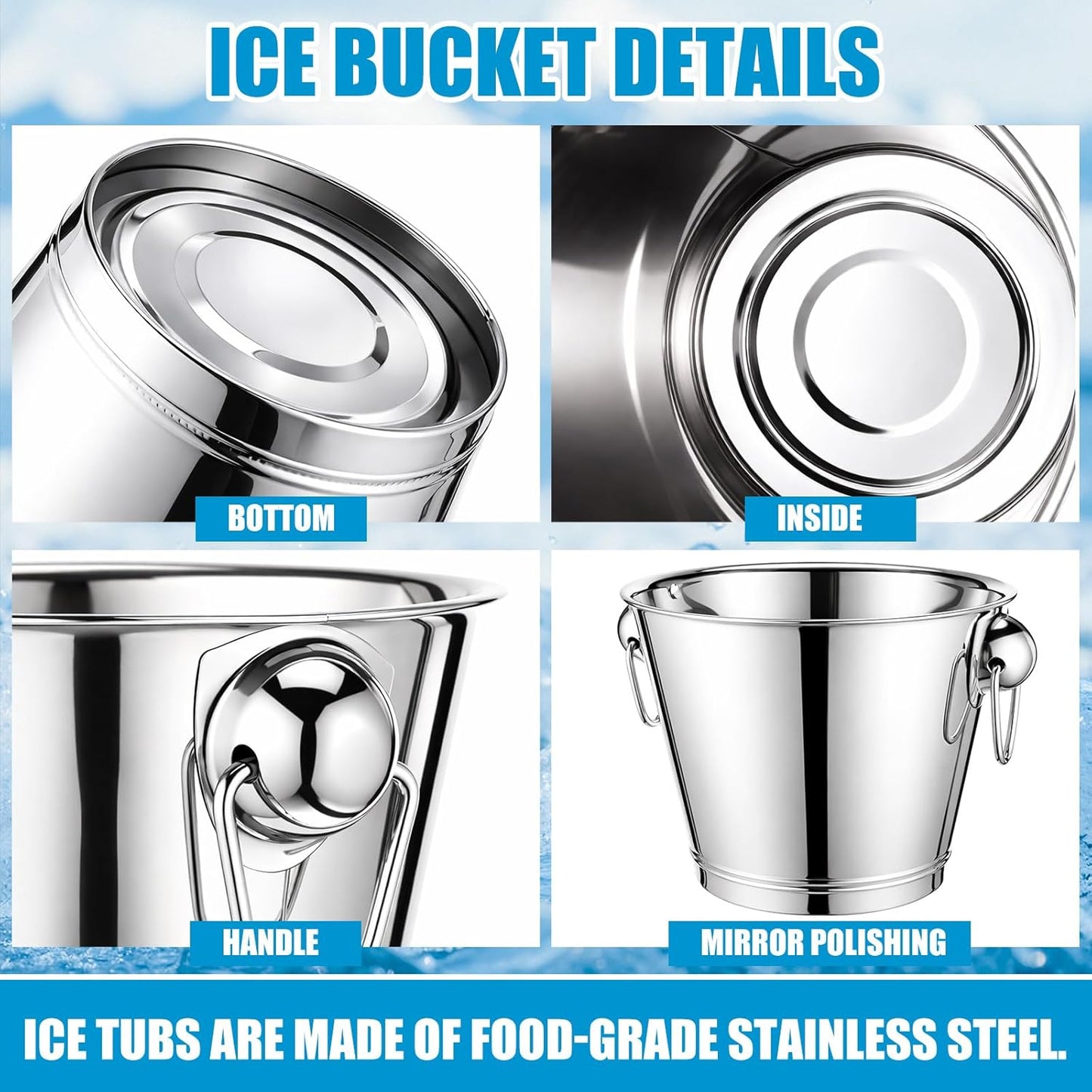 meekoo 4 Pcs 4 Quart Champagne Bucket Wine Bucket Metal Ice Container with 1 Pcs 6 oz Ice Scoop and Handles Stainless Steel Drink Cooler Cocktails Wine Chiller Beer Tub for Bar Party BBQ Banquet