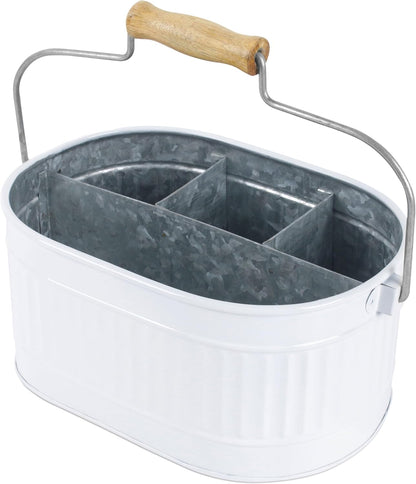 CLEENTABLE Farmhouse Galvanized Metal Utensil Caddy – 4-Compartment Silverware Organizer with Removable Handle for Countertop, Picnic & Party Use (10"x6.5"x5.5", Grey)